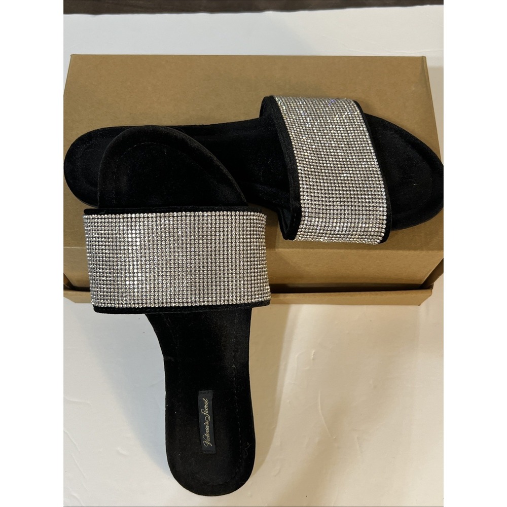 VICTORIA'S SECRET Embellished Black Velvet Slides Rhinestone Bling Slippers